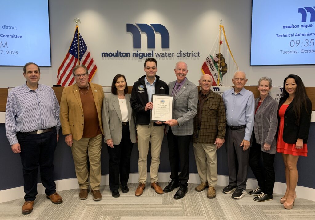 Laguna Beach Mayor Alex Rounaghi recently presented Moulton Niguel Water District President Duane D. Cave with a Certificate of Recognition honoring his leadership in building regional partnerships to strengthen Orange County’s wildfire preparedness.