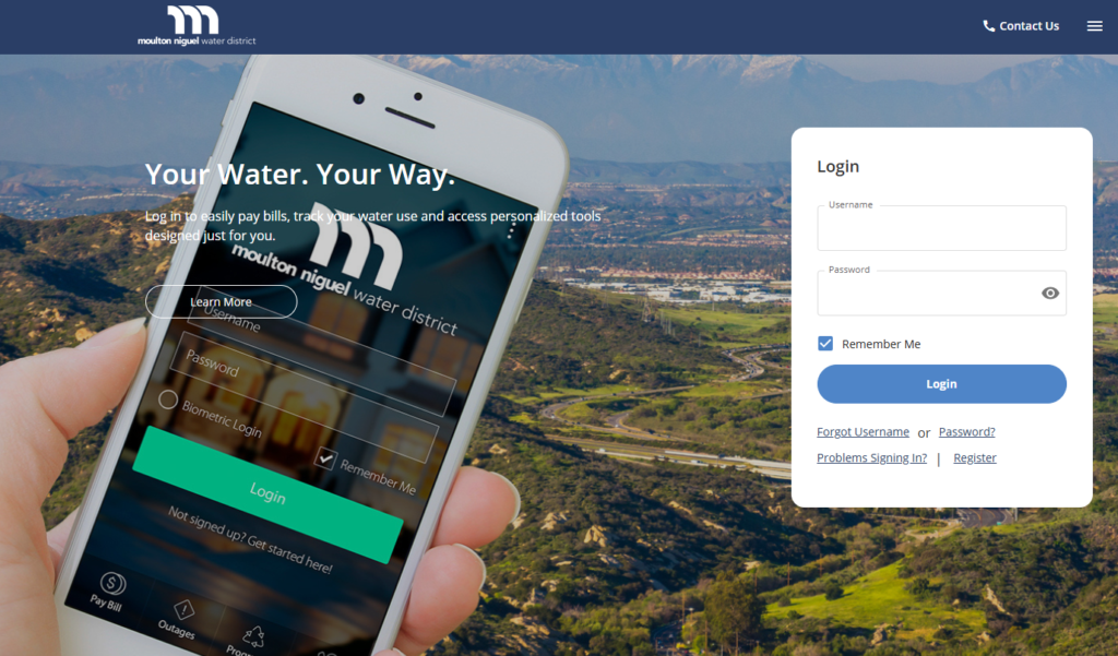 An image of hand holding a phone with the screen showing the MYWater MNWD customer portal. On the right side of the image is the login credential fields for customers to log in to the portal. 